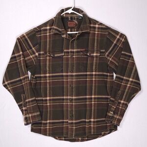 Orvis‎ Flannel Shirt Mens Medium Shacket Green Plaid Hand Pockets Heavy Cotton